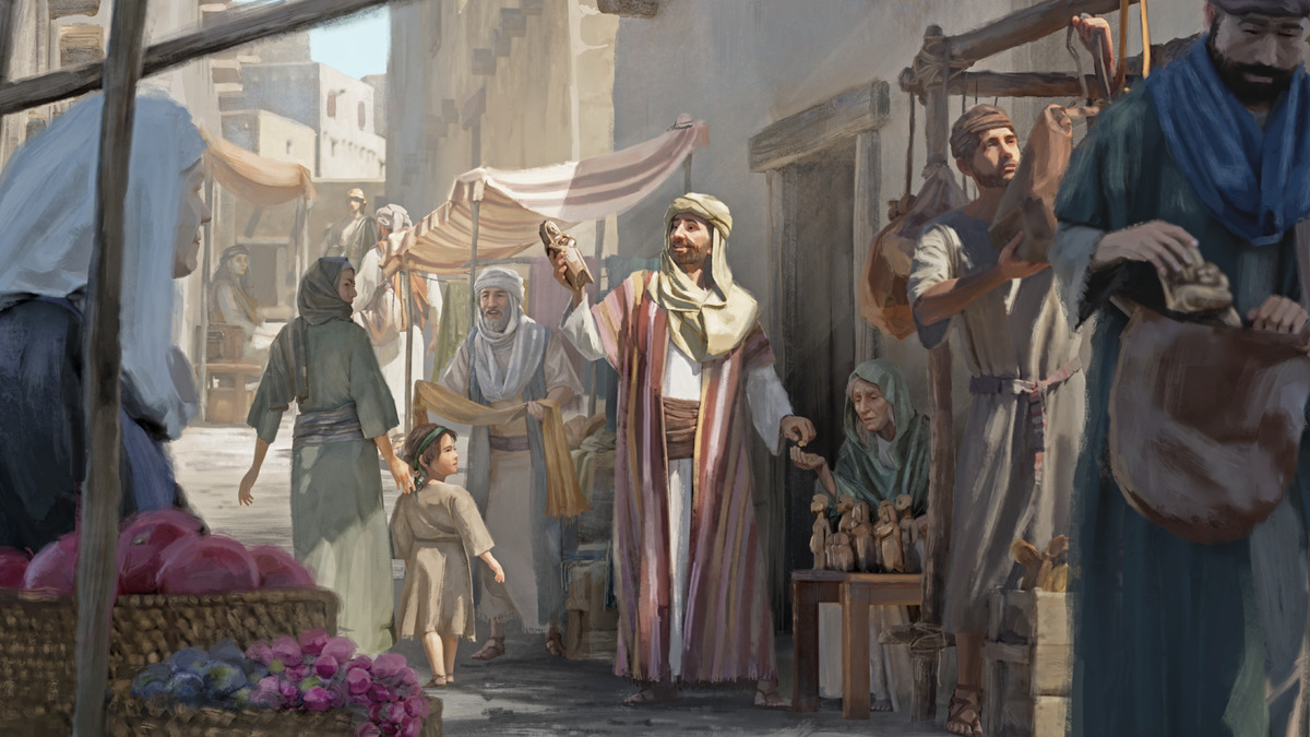 Um líder religioso de túnica listrada, num mercado de rua em Judá, ergue um pequeno ídolo de madeira com uma das mãos enquanto paga com a outra a uma vendedora idosa; ao redor, israelitas observam a cena