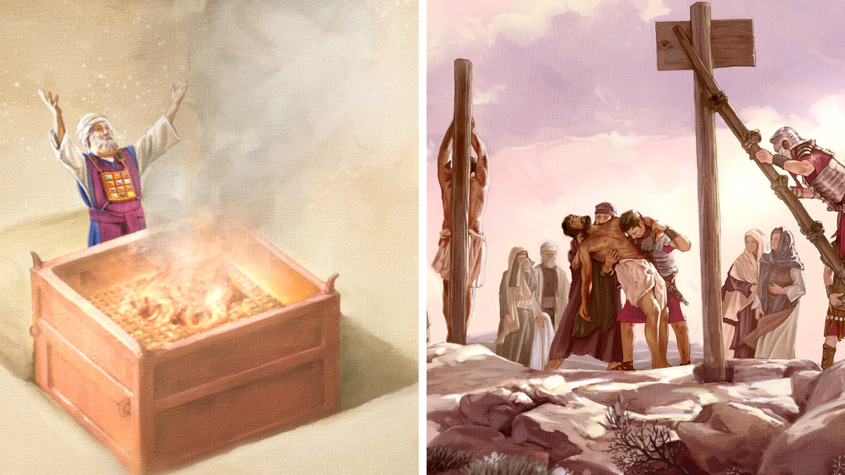 Conjunto de imagens: 1. Um sumo sacerdote faz um sacrifício de animal no altar. 2. Soldados retiram da estaca o corpo sem vida de Jesus.