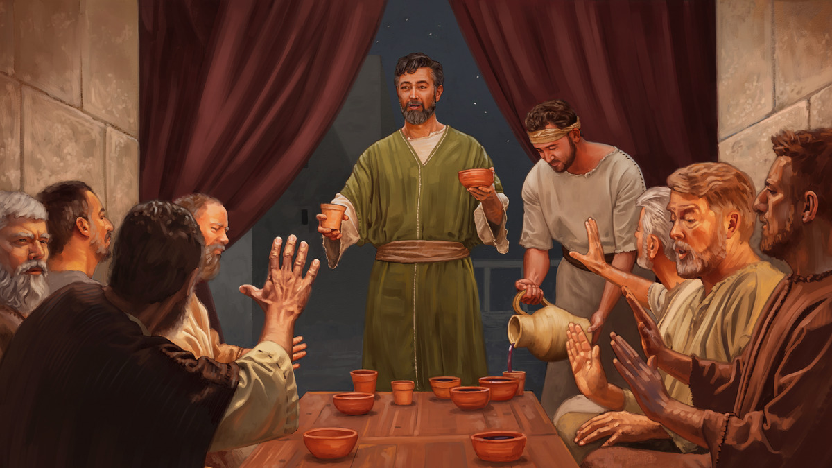Os recabitas, numa mesa do templo, se recusam a tomar o vinho que Jeremias oferece para eles.