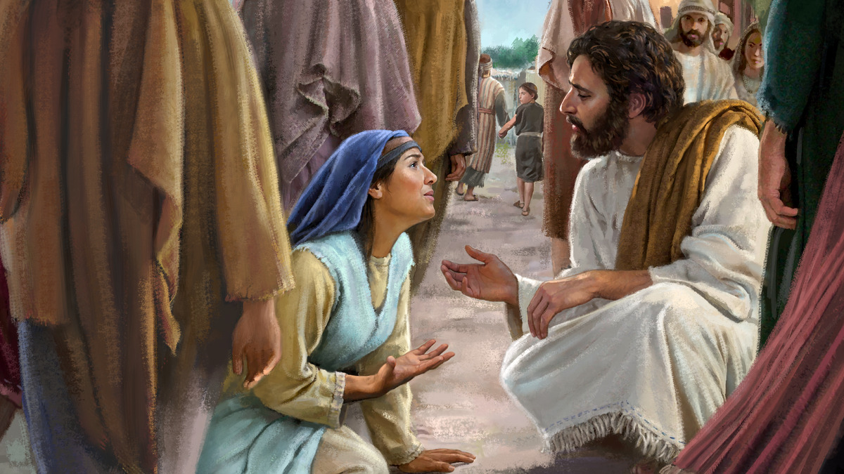 Jesus está abaixado no meio de uma multidão, falando bondosamente com a mulher que sofre de um fluxo de sangue.