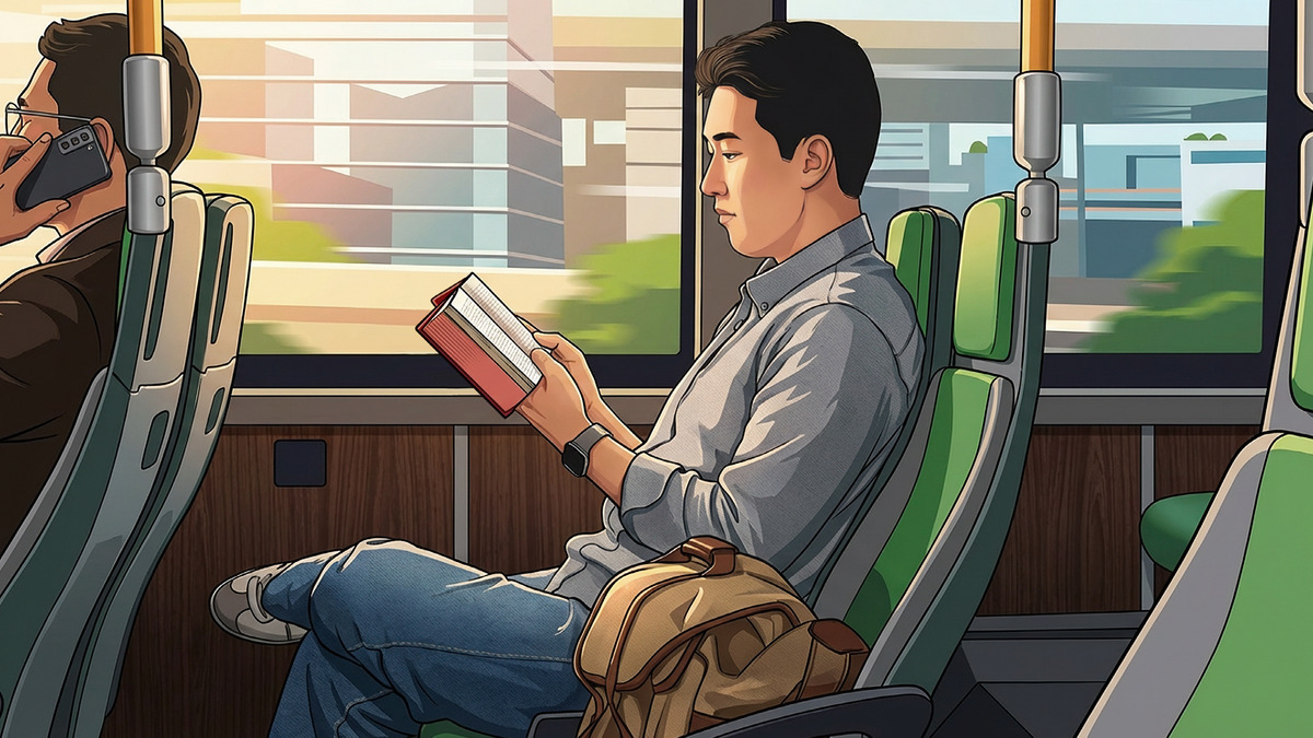 Um homem lendo a Bíblia no ônibus.