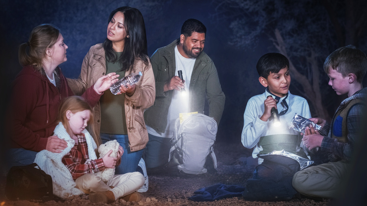 Duas famílias de Testemunhas de Jeová em uma floresta à noite dividem os itens da mochila de emergência.