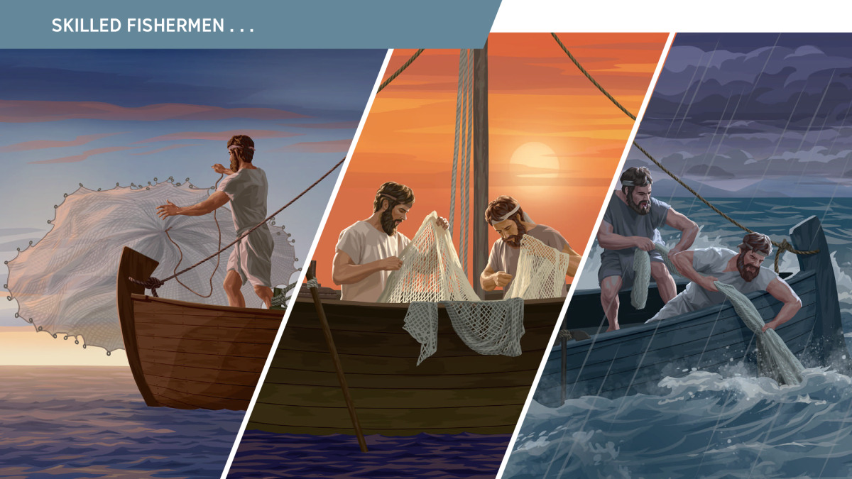 IMAGE 2 PICTURE DESCRIPTION: Collage: Skilled fishermen on a boat in three different scenes. The scenes are repeated in paragraphs 8-12.