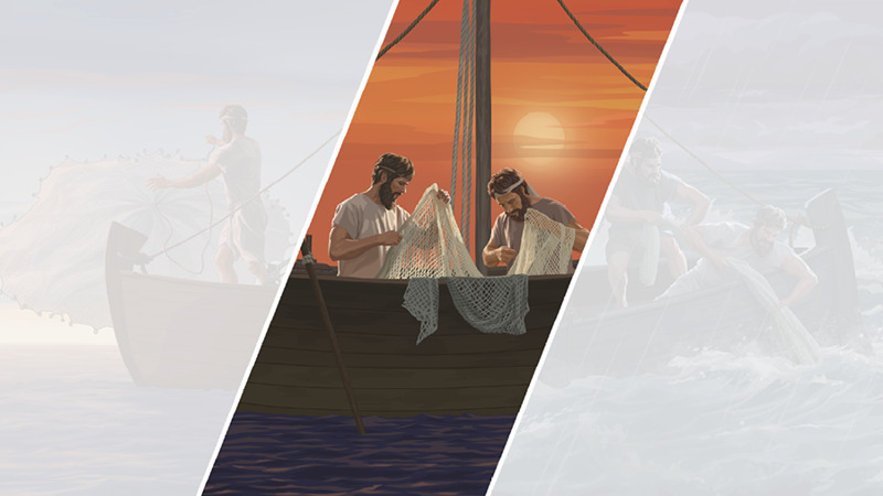 IMAGE 4 PICTURE DESCRIPTION: Two fishermen repairing their net at sunset. CAPTION: SKILLED FISHERMEN . . . 2. are trained to use the right equipment (See paragraph 10)