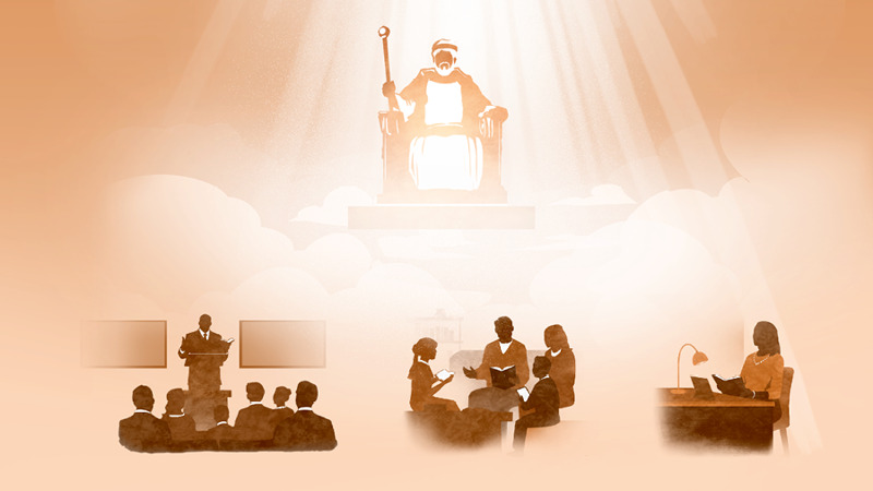 IMAGE 1 PICTURE DESCRIPTION: Jesus sitting on his heavenly throne as rays of Jehovah’s glory shine down on him. Below him are scenes of a congregation meeting, family worship, and a sister studying alone. The scenes are repeated in paragraphs 8 and 11-14.