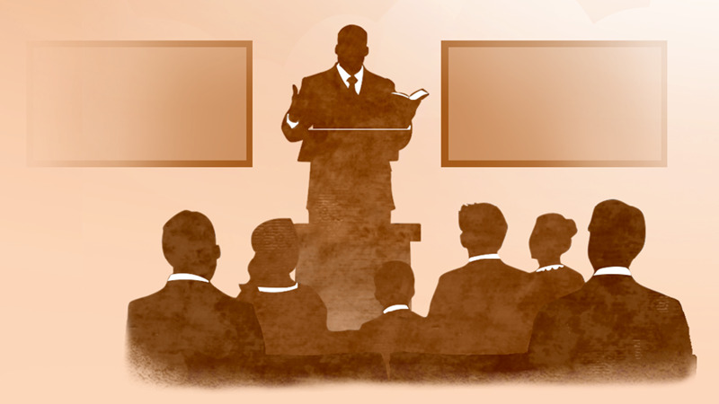 IMAGE 4 PICTURE DESCRIPTION: An elder giving a talk at a congregation meeting. CAPTION: Elders care for the spiritual and emotional needs of the congregation. Jehovah has given them the responsibility to keep the congregation morally clean (See paragraphs 11-12)