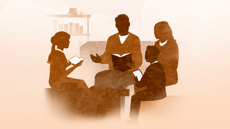 IMAGE 5 PICTURE DESCRIPTION: A brother conducting family worship. CAPTION: Family heads have been given authority by Jehovah to take the lead in their family. Before making decisions, a loving family head will consult with his wife (See paragraph 13)