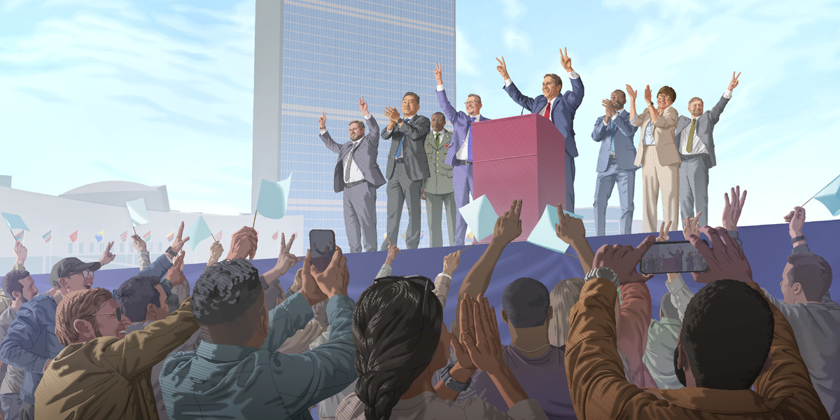 World leaders standing near the United Nations headquarters and proclaiming “peace and security” to a large, excited crowd of people.