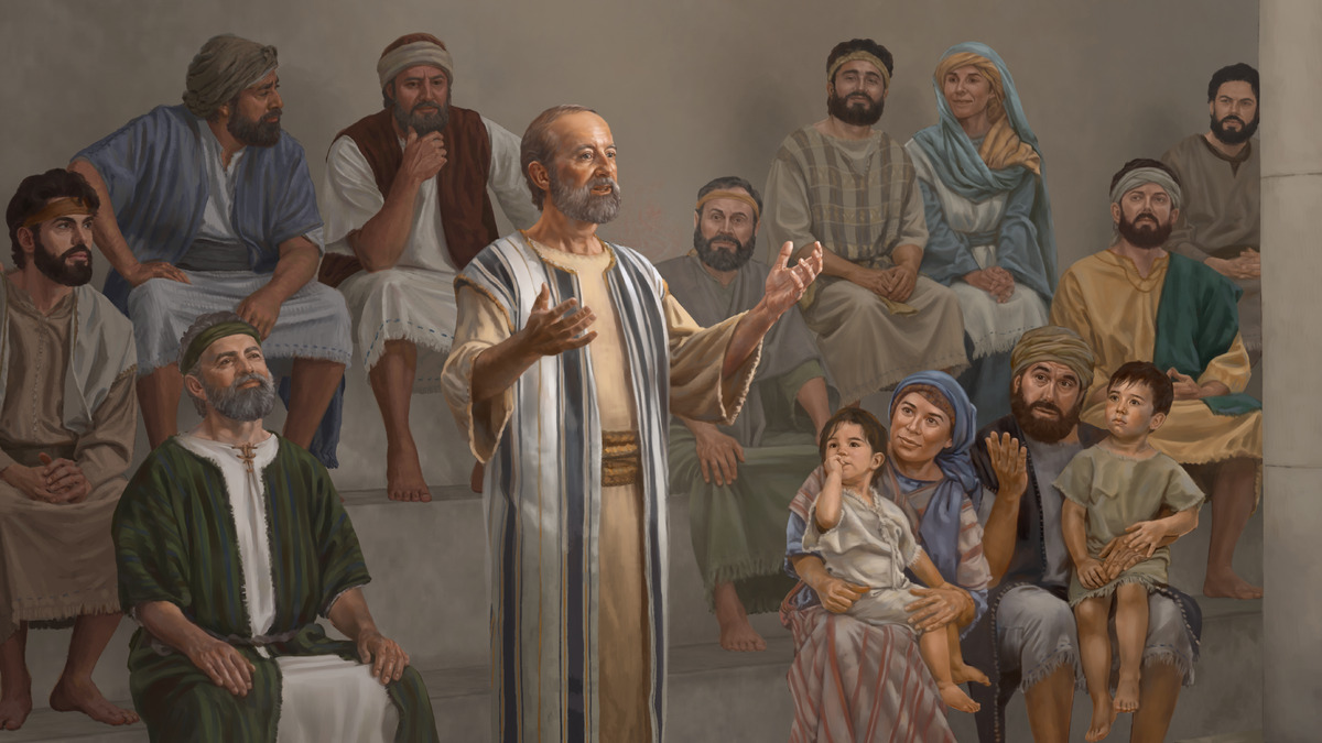 Paul speaking with conviction in a synagogue as people listen intently. Nearby, Barnabas joyfully observes Paul teach.