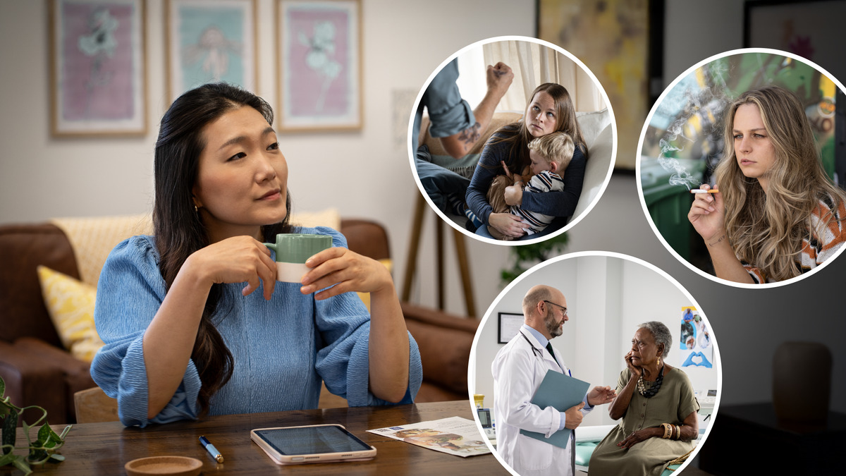Collage: A sister preparing for the ministry by thoughtfully reflecting on the circumstances of the people in her territory. 1. A mother protectively holds her young son while a man threatens them with a raised fist. 2. A young woman smokes a cigarette. 3. An elderly woman receives bad news from a doctor regarding her health.
