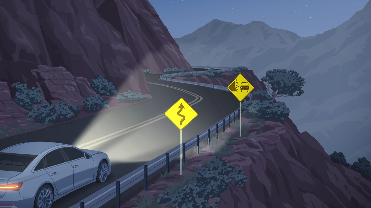 Um carro dirige à noite por uma estrada de montanha e passa por placas amarelas que avisam de curva perigosa e de queda de pedras