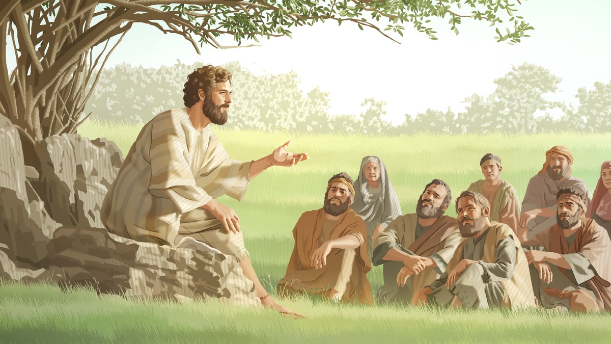 Jesus sentado numa pedra, ao ar livre, ensinando um grupo de pessoas comuns sentadas na relva