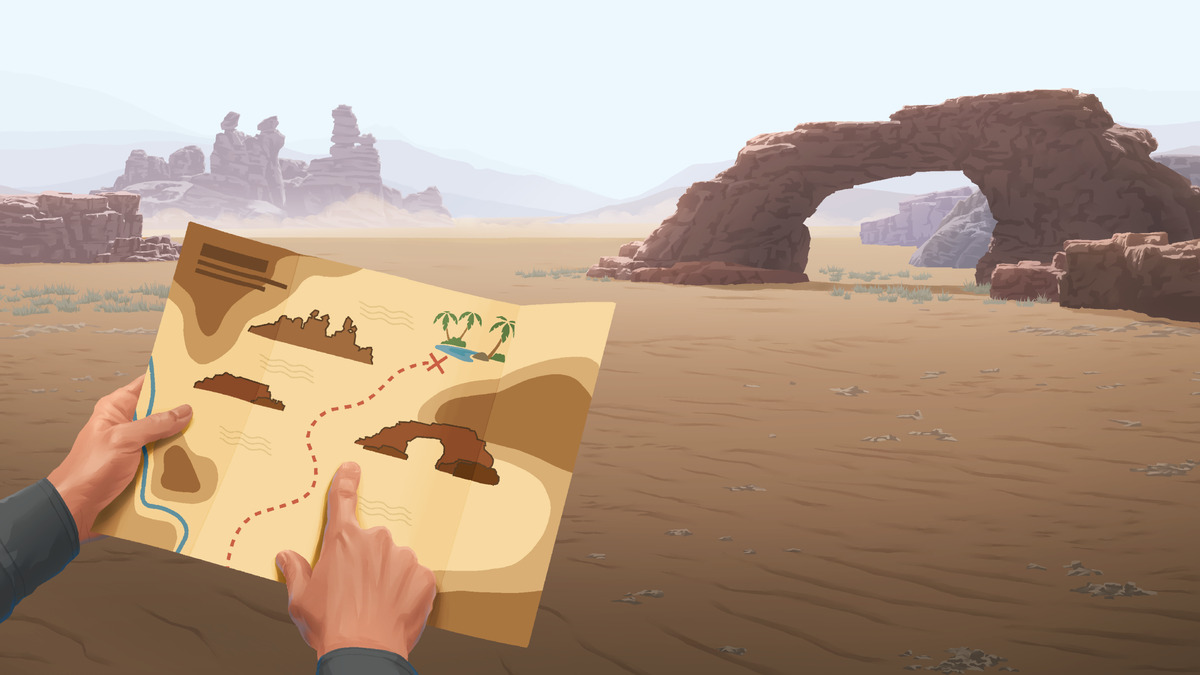 Vista em primeira pessoa de duas mãos segurando um mapa de papel aberto no meio de um deserto, com um grande arco de rocha ao fundo e o mesmo arco desenhado no mapa, onde um dedo aponta
