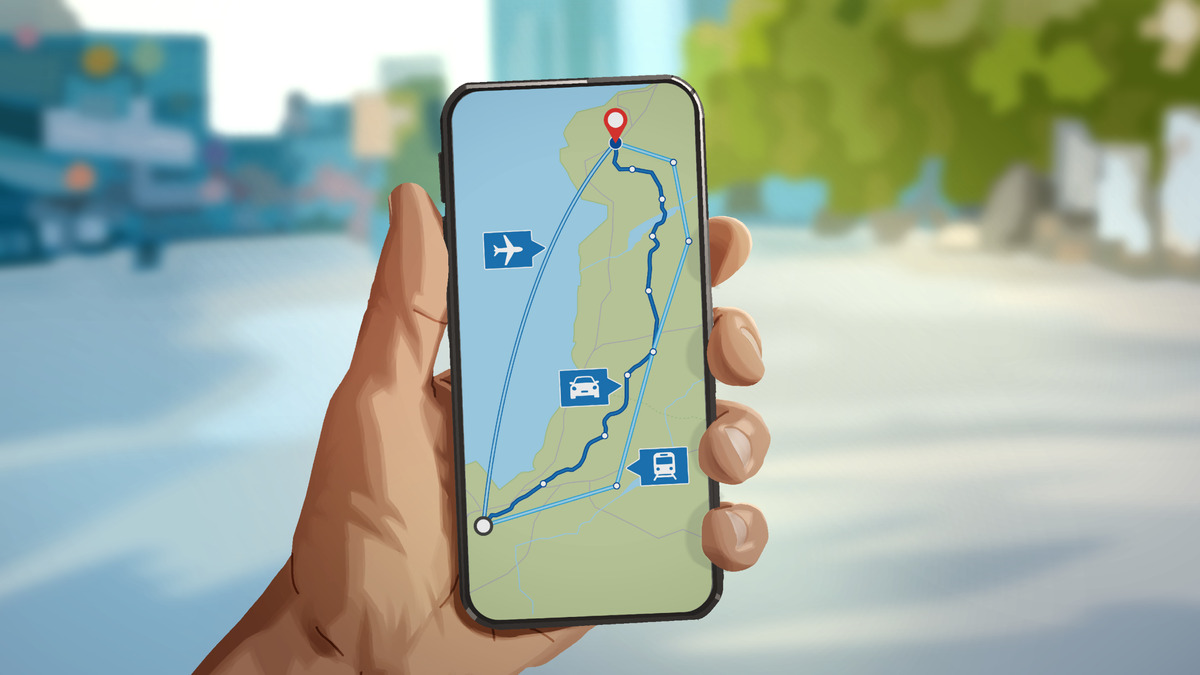 Uma mão segura um celular com um aplicativo de mapa aberto, em que três rotas diferentes, de avião, de carro e de trem, saem do mesmo ponto de partida e chegam ao mesmo destino marcado com um alfinete vermelho