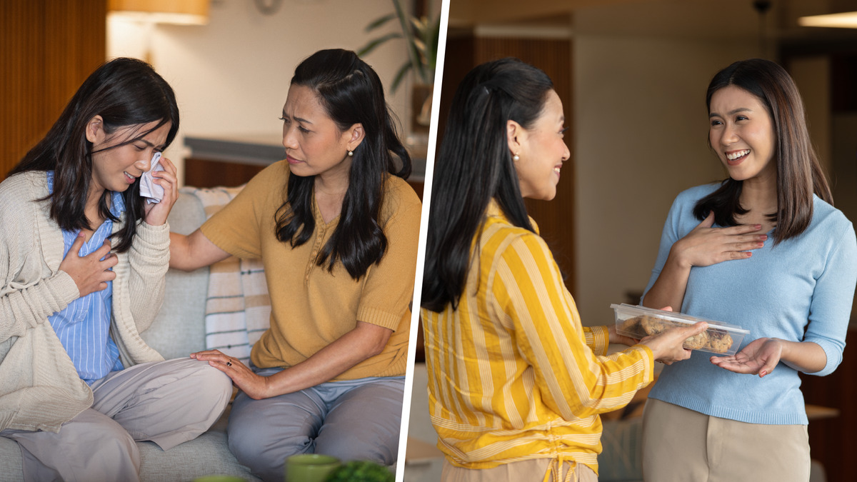 Conjunto de imagens: Uma irmã consolando outra irmã. 1. Ela escuta com atenção enquanto sua amiga desabafa e chora. 2. Num outro dia, ela traz alguns biscoitos para sua amiga.