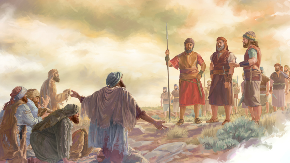Um grupo de homens gibeonitas ajoelhados, apelando para Josué e outros soldados. Os gibeonitas mostram suas roupas gastas e seus odres velhos de vinho.