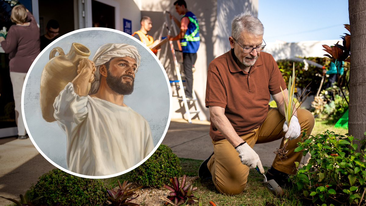 Conjunto de imagens: Pessoas realizando tarefas humildes. 1. Um homem gibeonita carregando um jarro de água. 2. Um irmão idoso cuidando do jardim do Salão do Reino.