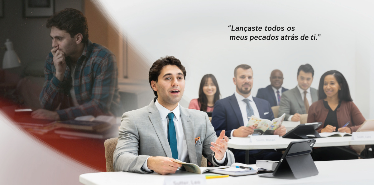 Conjunto de imagens: Um irmão sendo beneficiado pela garantia encontrada em Isaías 38:17, que diz: “Lançaste todos os meus pecados atrás de ti.” 1. O irmão está muito triste por causa de um erro que cometeu no passado. 2. Mais tarde, ele está feliz comentando durante a Escola do Serviço de Pioneiro.