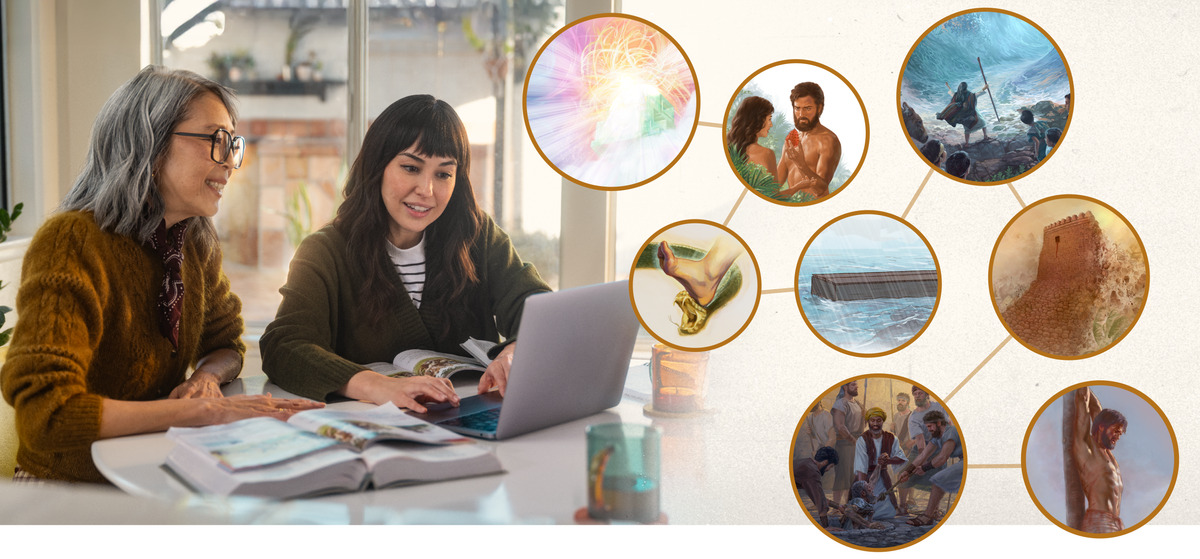 Conjunto de imagens: A mesma irmã revisa com sua estudante da Bíblia algumas coisas que ela já aprendeu. 1. Jeová sentado no seu trono no céu. 2. Adão e Eva pensando em comer o fruto proibido. 3. Um calcanhar esmagando a cabeça de uma serpente. 4. A arca de Noé flutuando sobre as águas durante o Dilúvio. 5. Moisés abrindo o Mar Vermelho. 6. As muralhas de Jericó desmoronando enquanto a casa de Raabe fica intacta. 7. Ebede-Meleque tirando Jeremias de uma cisterna. 8. Jesus pendurado numa estaca.