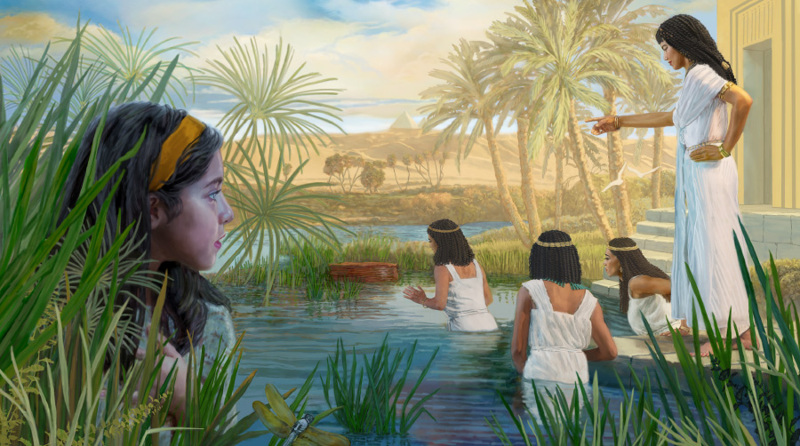 Cachée derrière des roseaux, la petite Miriam regarde la fille de Pharaon envoyer une esclave chercher la corbeille où est caché son petit frère Moïse.