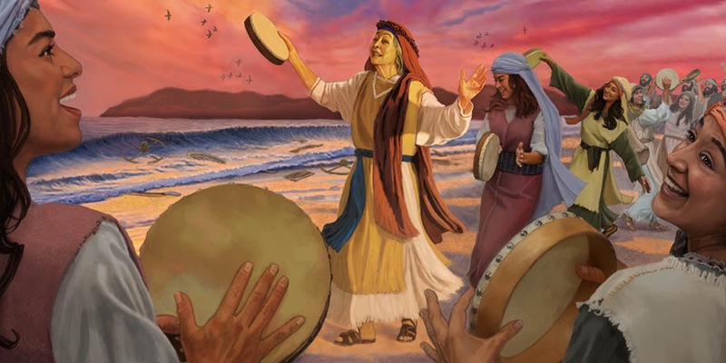 Sur le rivage de la mer Rouge, Miriam et les autres femmes d’Israël chantent un chant de victoire tout en jouant du tambourin.