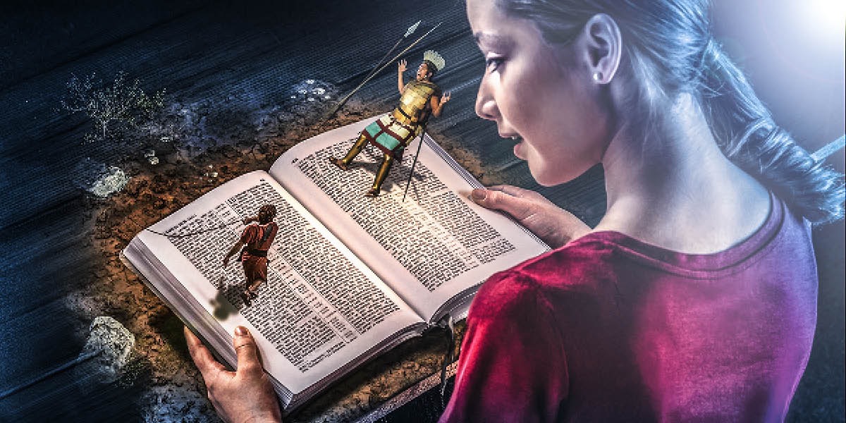 IMAGE 2 PICTURE DESCRIPTION: A teenage girl visualizes the Bible account of David and Goliath CAPTION: You can make the Bible come to life!