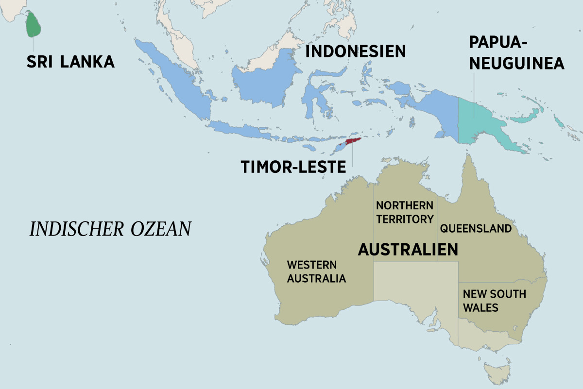Eine Karte von Australien und den umliegenden Ländern, darunter Sri Lanka, Indonesien, Papua-Neuguinea und Timor-Leste. Die Karte von Australien zeigt das Northern Territory und die Bundesstaaten Western Australia, Queensland und New South Wales.