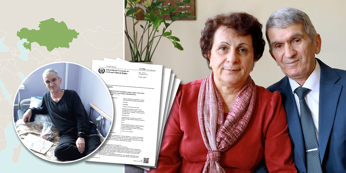 Brother Teymur Akhmedov and his wife, Mafiza, today. Inset: Teymur receiving medical treatment in early 2018 while handcuffed to his bed